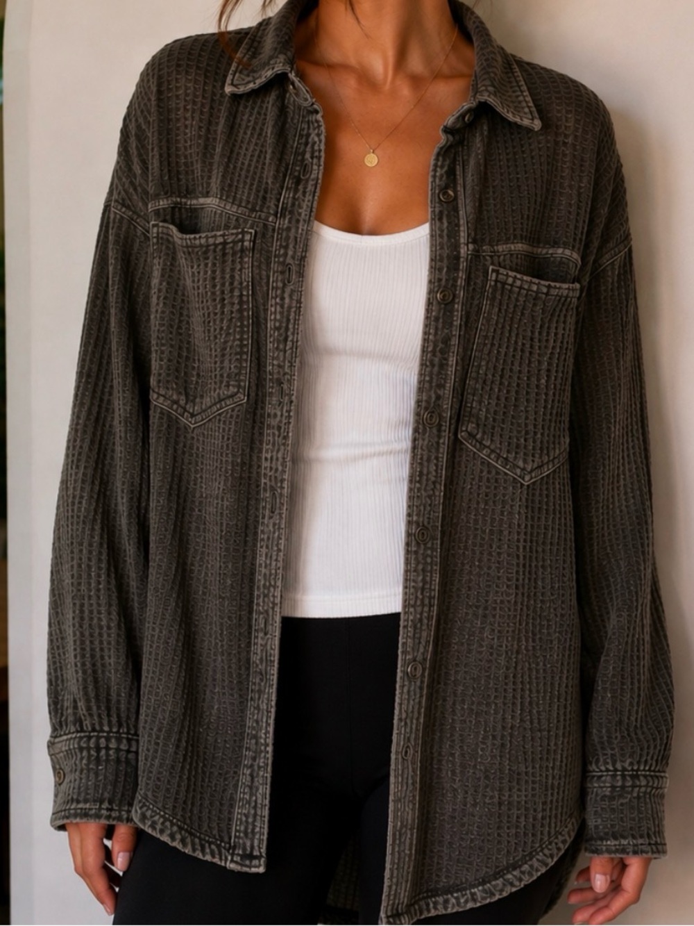 aerie Washed Black Waffle-Knit Button-Up Jacket